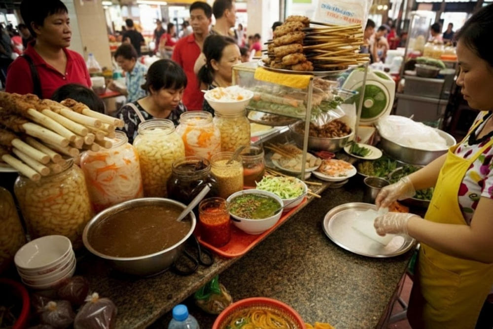 Gian hàng bún nem nướng trong chợ